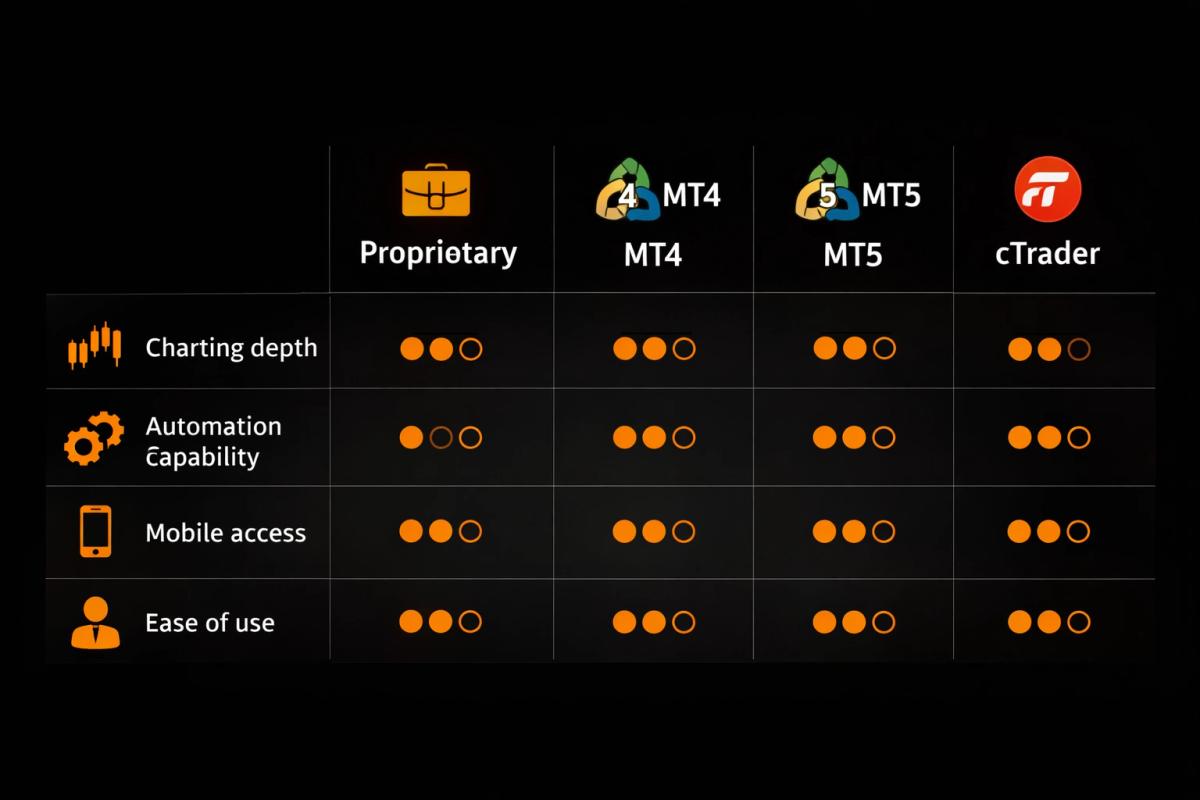 Side-by-side comparison of CFD trading platforms MT4 MT5 cTrader and proprietary with feature icons