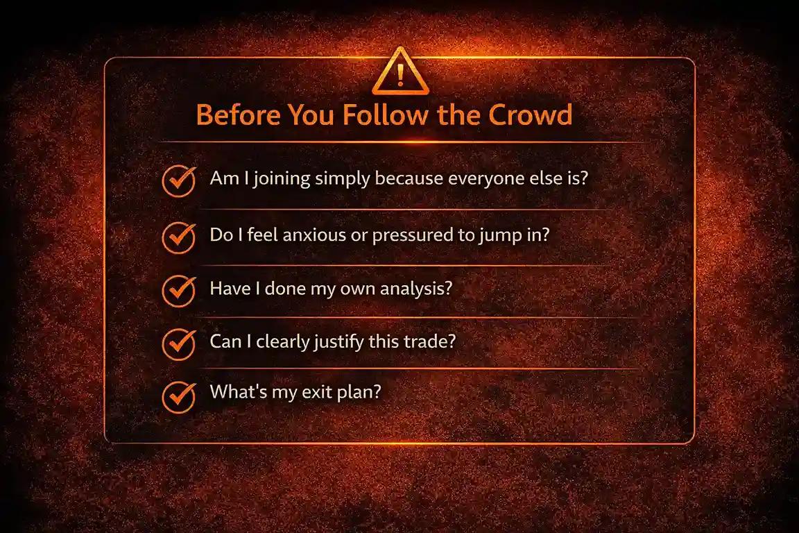 Checklist graphic titled Before You Follow the Crowd with self-assessment questions for traders to evaluate crowd influence on their decisions
