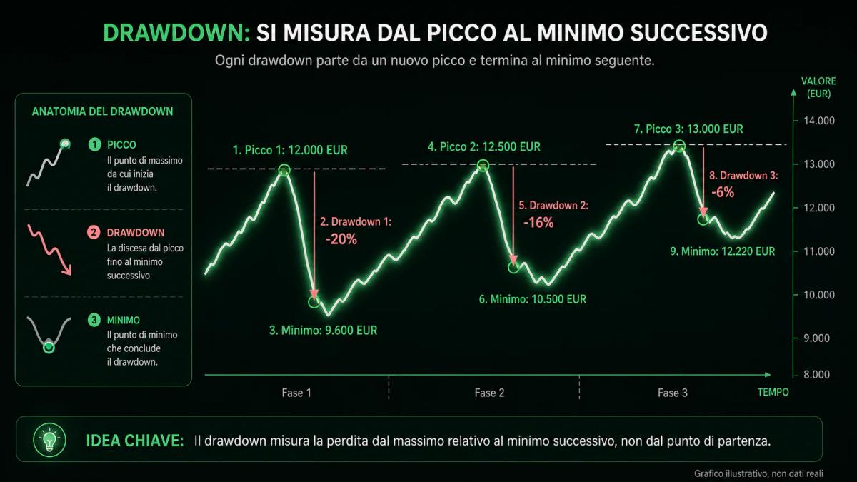 Grafico editoriale che mostra una curva di capitale con tre drawdown consecutivi etichettati e misurati