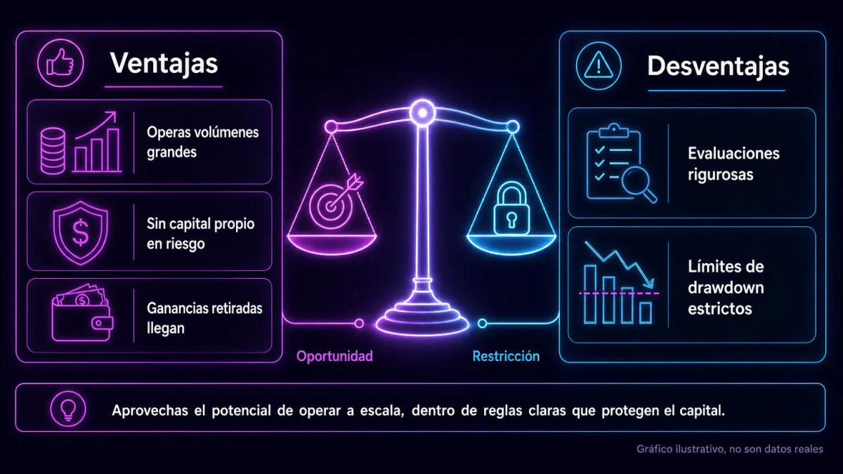 Tabla comparativa con dos columnas: ventajas del fondeo frente a desventajas de operar con capital propio