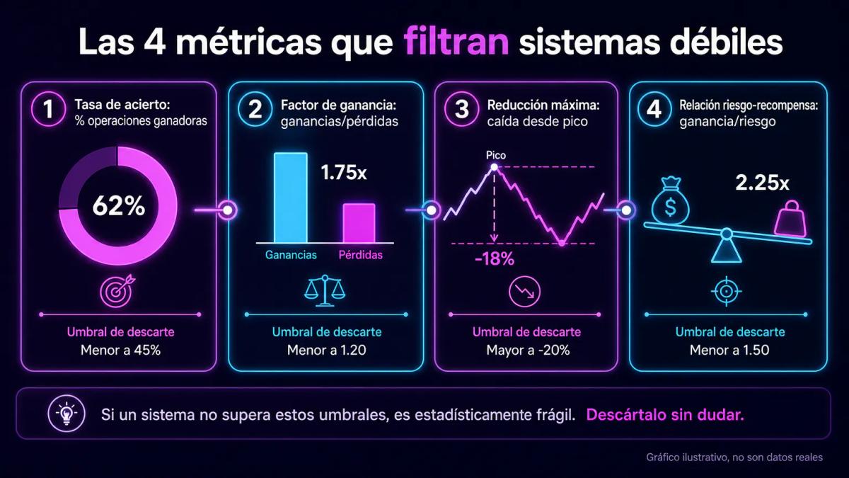 Infografía con cuatro métricas de backtesting: tasa de acierto, factor de ganancia, reducción máxima y relación riesgo-recomp