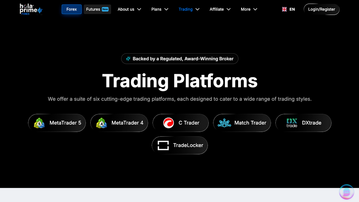 Sezione piattaforme di Hola Prime con MT4/MT5, cTrader, MatchTrader, DXtrade e TradeLocker