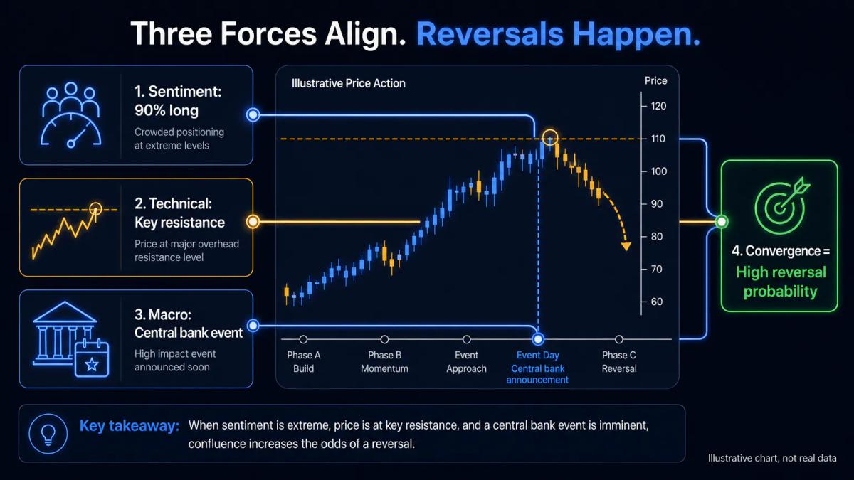 Three overlapping inputs: sentiment ratio, support and resistance level, and central bank event calendar aligned at a reversa