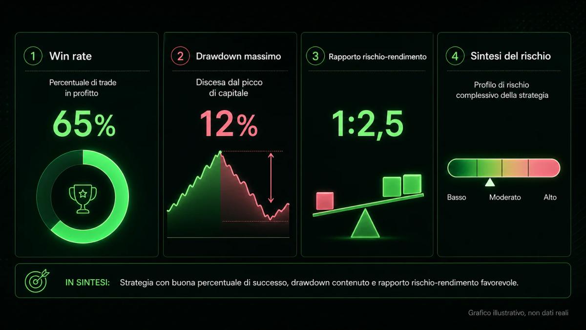 Infografica editoriale con le metriche chiave di performance: win rate, drawdown massimo, rapporto rischio-rendimento