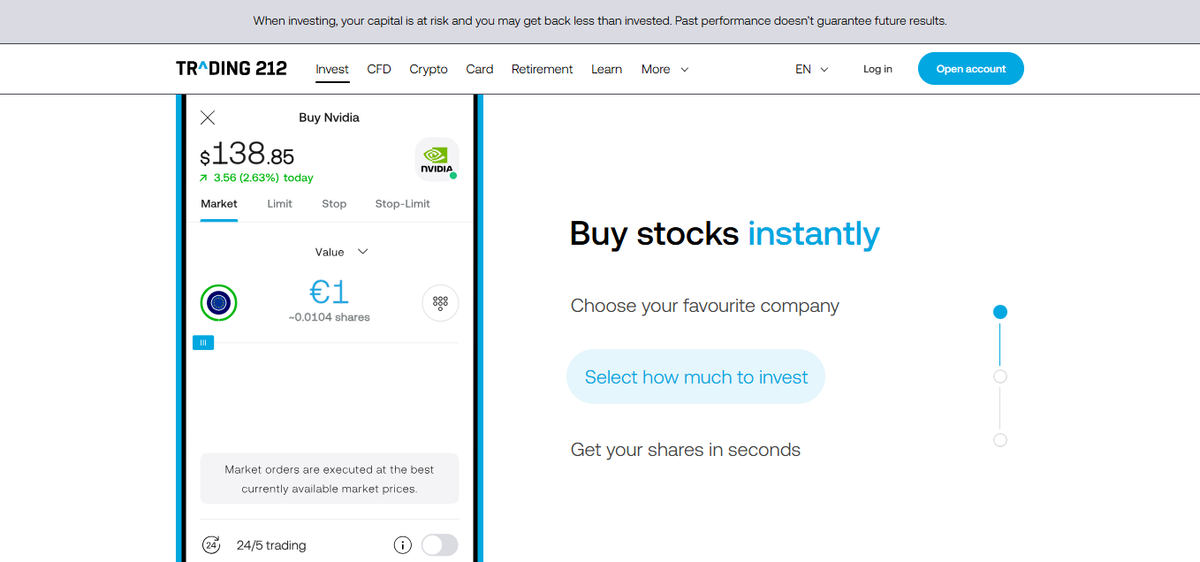 Trading 212 platform features page showing charts, watchlist and order ticket preview