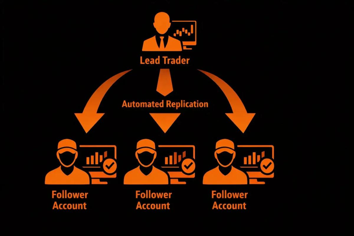 Diagram showing how copy trading works with a lead traders trades automatically replicating into multiple follower accounts's trades automatically replicating into multiple follower accounts