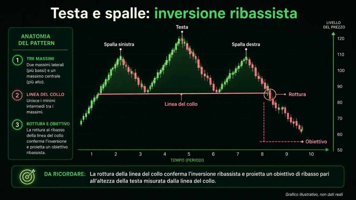 Grafico illustrativo del pattern testa e spalle con spalla sinistra, testa, spalla destra, linea del collo, rottura e obiettivo