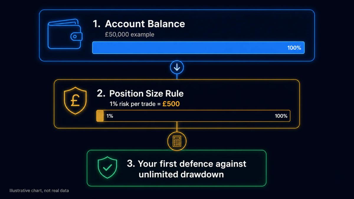 Position sizing rule illustrated as a percentage of account balance per trade, showing account equity and risk per trade calc