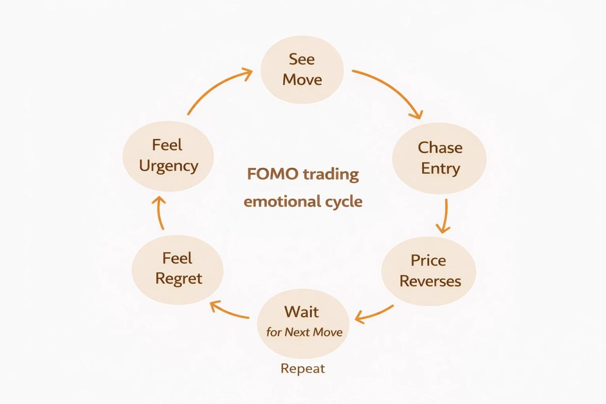 Circular diagram showing the FOMO trading emotional cycle from seeing a move through chasing entry to regret and repeating