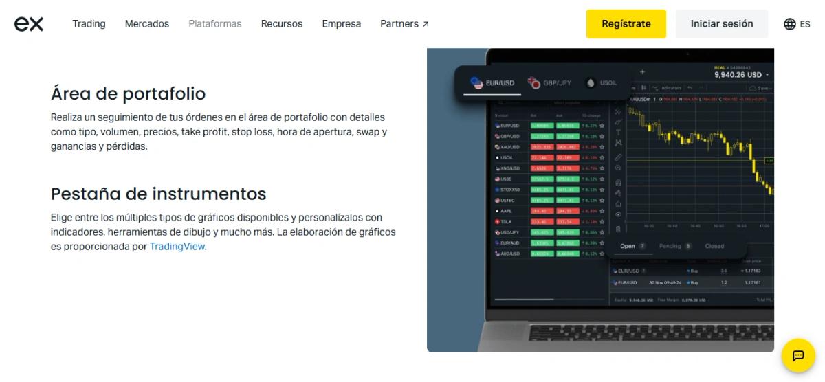 Interfaz de Exness Terminal mostrando gráficos con indicadores y panel de órdenes
