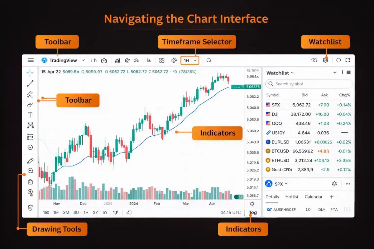 Annotated TradingView interface highlighting toolbar watchlist timeframe selector indicators and drawing tools