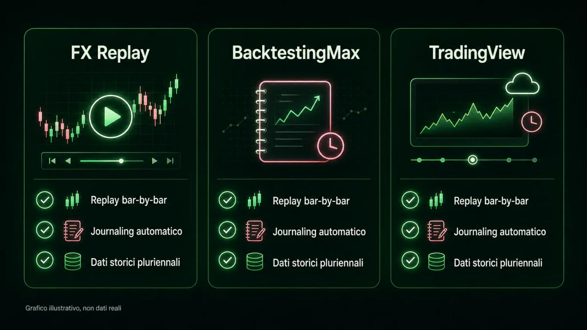 Tre loghi di piattaforme di backtesting gratuite con icone di strumenti e dati storici