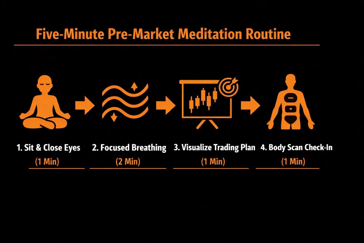 Five-minute pre-market meditation routine flowchart with four steps for traders