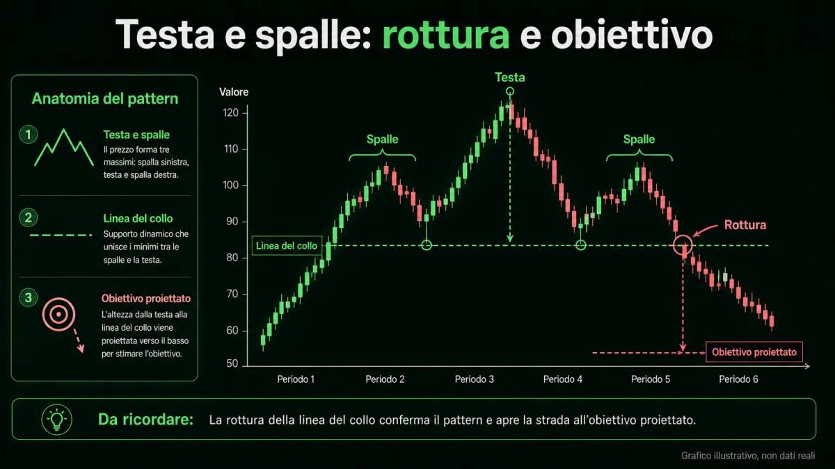 Grafico illustrativo del pattern testa e spalle con la rottura della linea del collo e l'obiettivo di prezzo proiettato