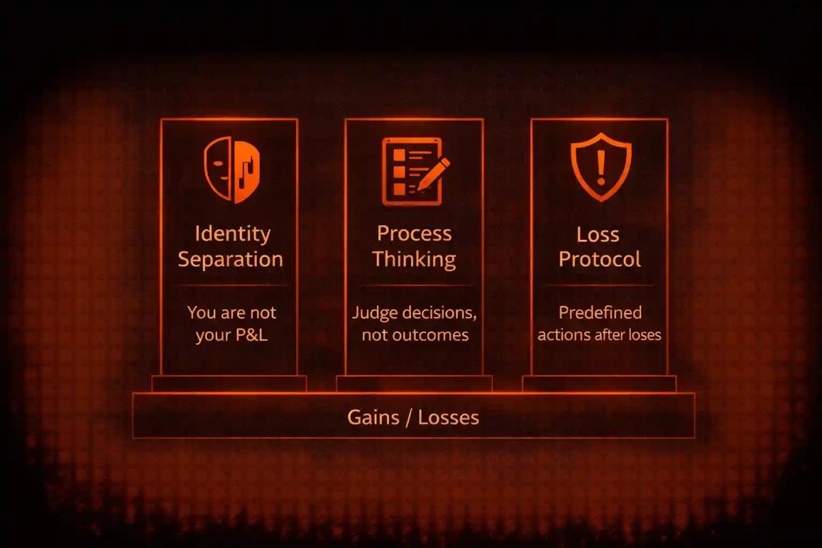 Three-pillar trading resilience framework showing identity separation, process thinking, and loss protocol