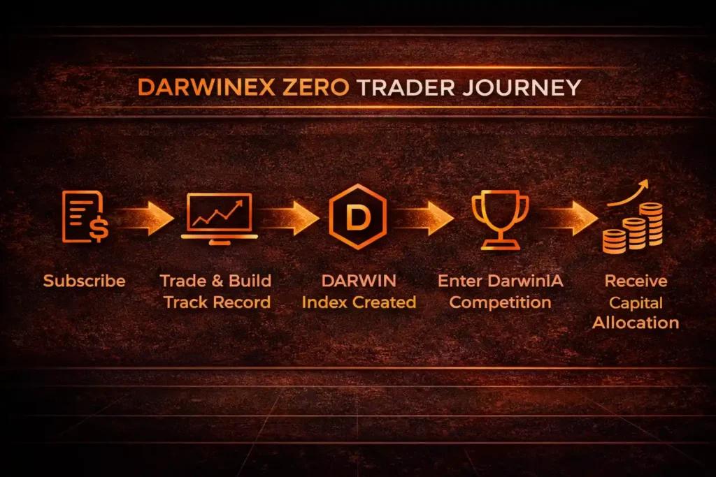 Darwinex Zero trader journey from subscription to DarwinIA capital allocation infographic