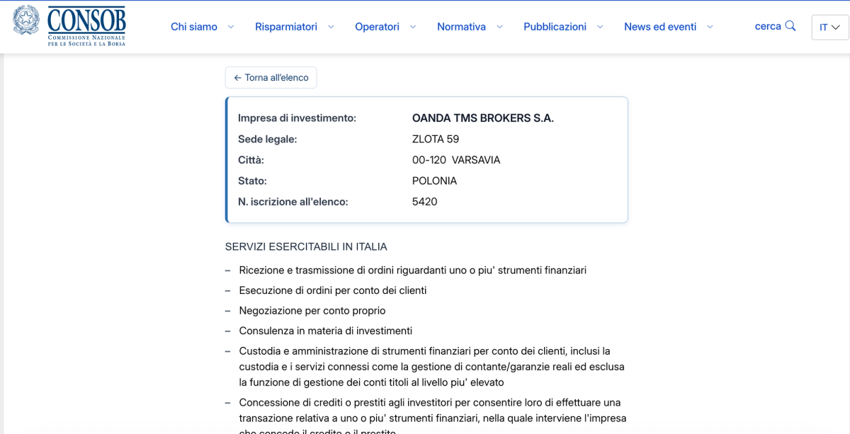 Registro CONSOB con la scheda di OANDA TMS Brokers S.A. e dettagli autorizzazione