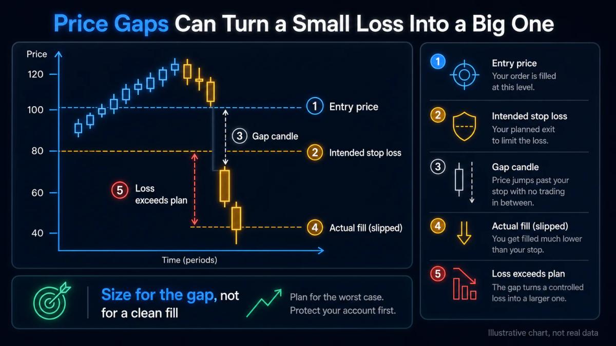 Price gap exceeding stop loss: entry, intended stop, actual fill beyond stop