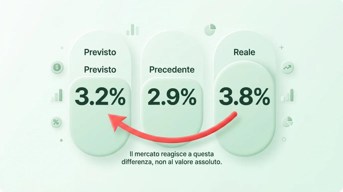 Tre colonne numeriche etichettate previsto, precedente e reale con freccia che evidenzia la sorpresa