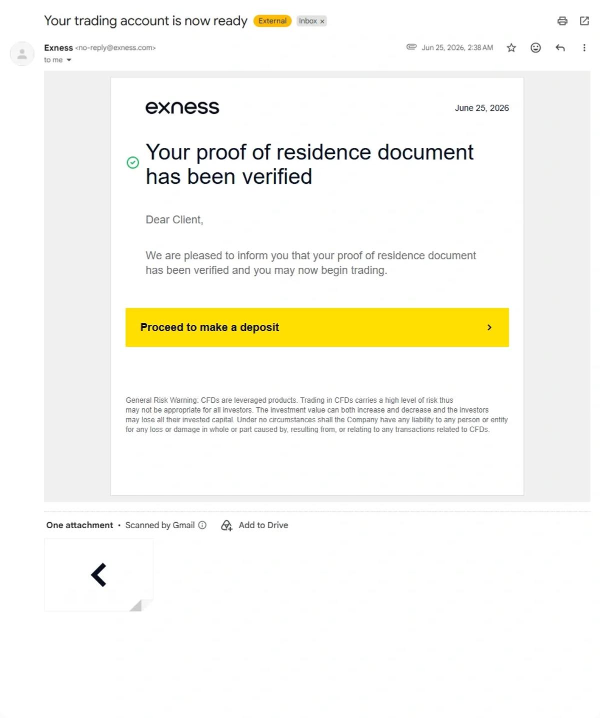 Exness email confirming the proof-of-residence document was verified and the account is ready to trade