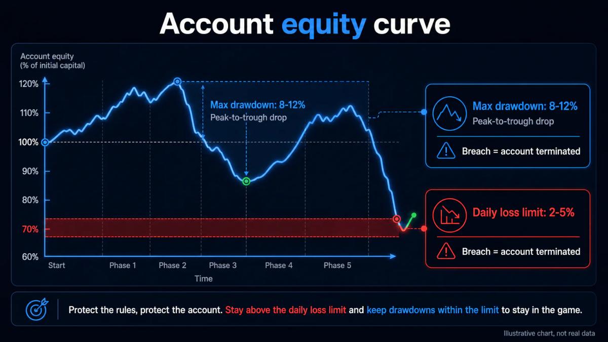 Account equity chart with daily loss limit and maximum drawdown zones marked and labeled