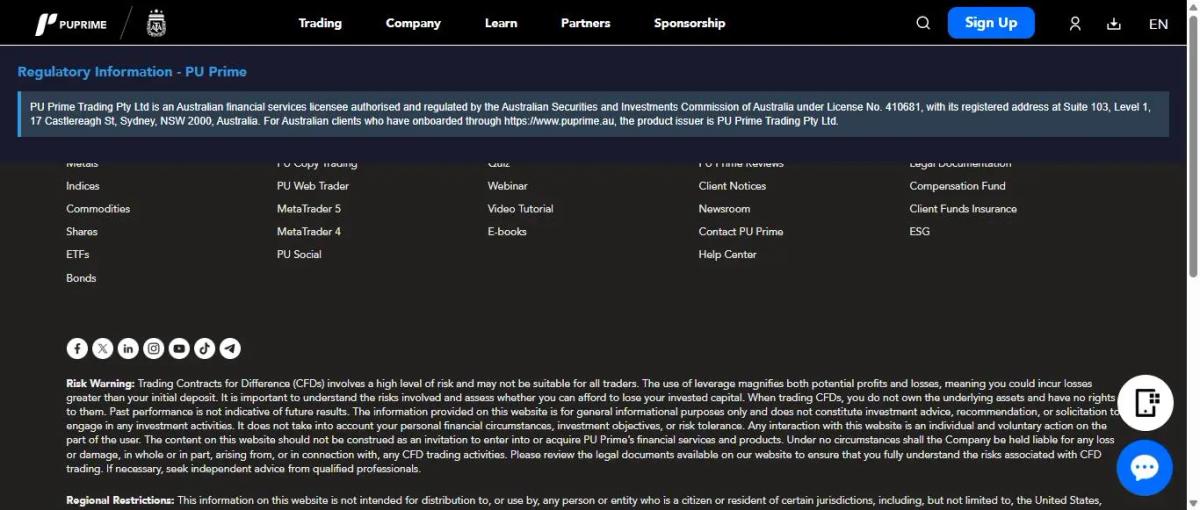 Licencia ASIC de PU Prime - AFSL número 410681 verificado en registro oficial