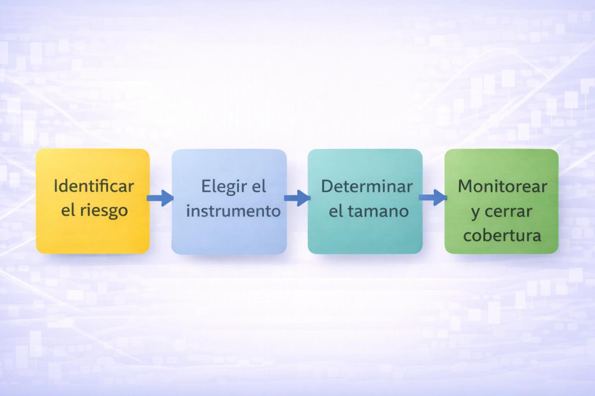 Gráfico simplificado con posición larga y cobertura corta mostrando compensación de pérdidas cuando el mercado baja