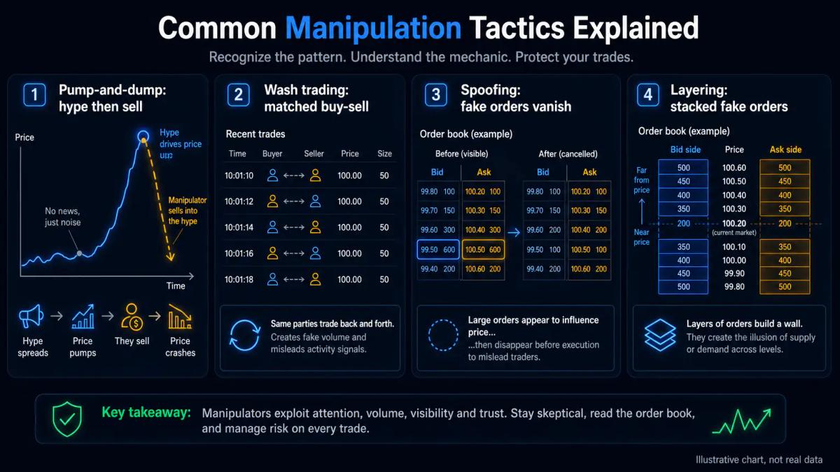 Four manipulation tactics displayed as a comparison table: pump-and-dump, wash trading, spoofing, and layering