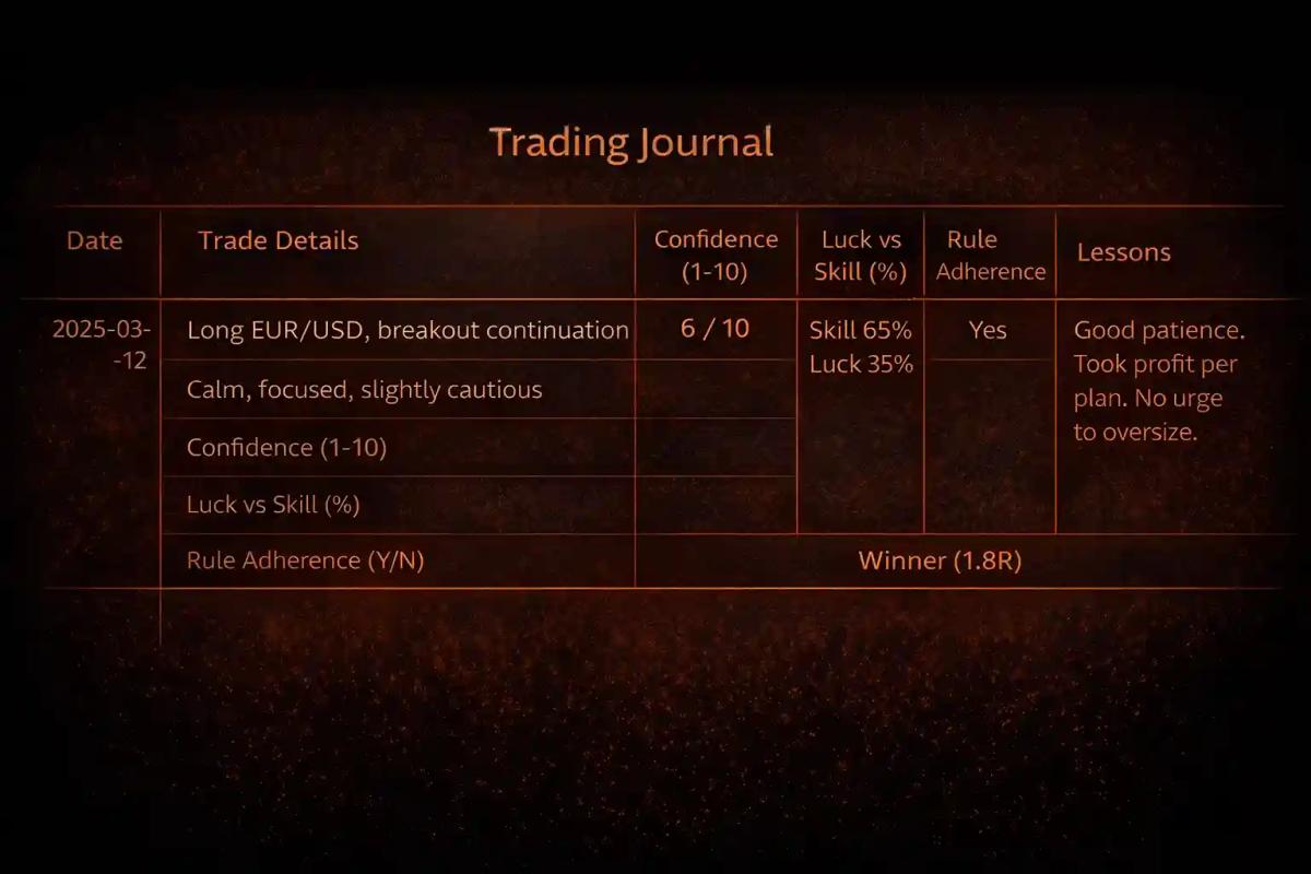 Example trading journal layout with fields for tracking emotions, confidence levels, and pride after winning trades