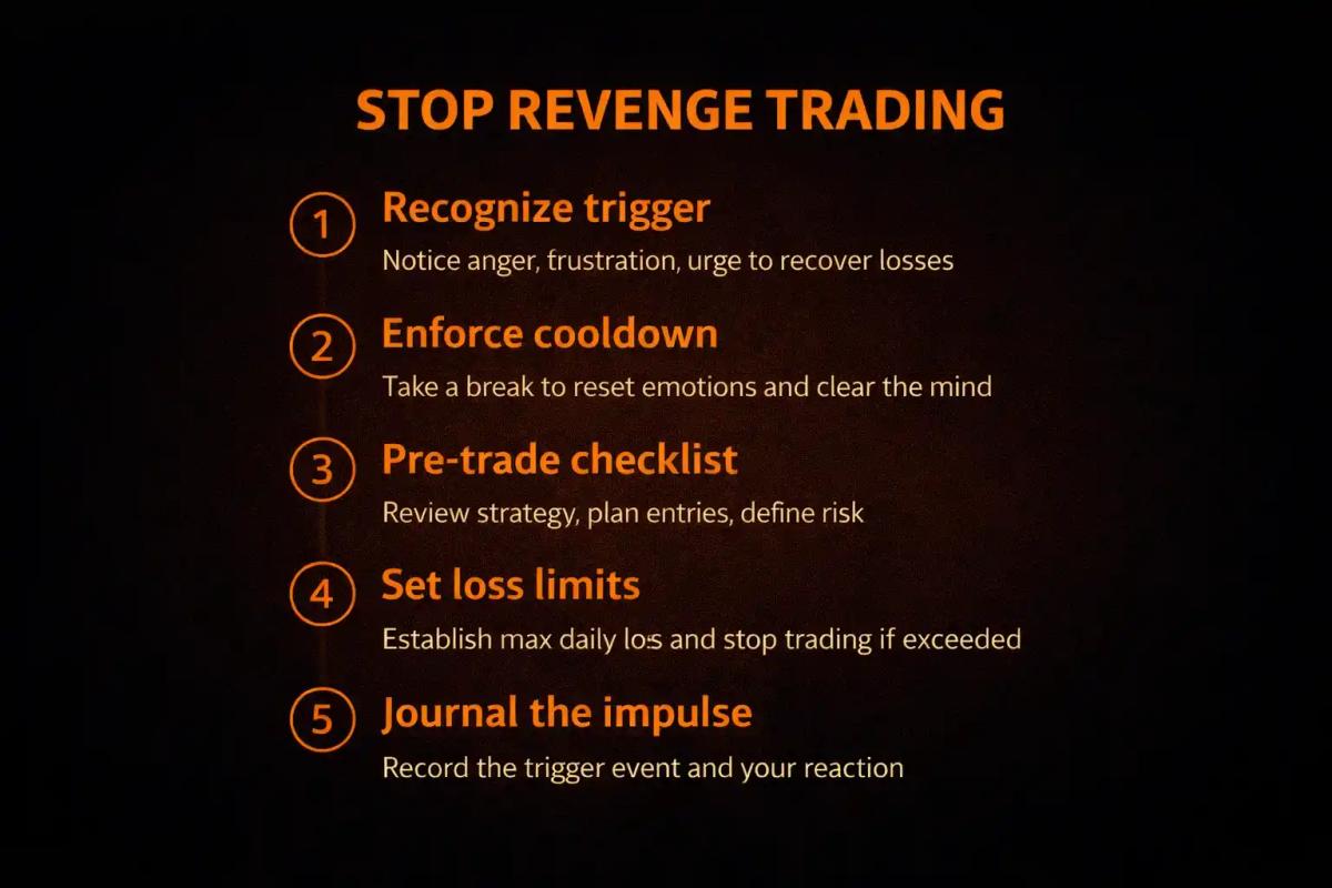 Five-step protocol checklist to stop revenge trading_ recognize trigger, enforce cooldown, pre-trade checklist, set loss limits, journal the impulse