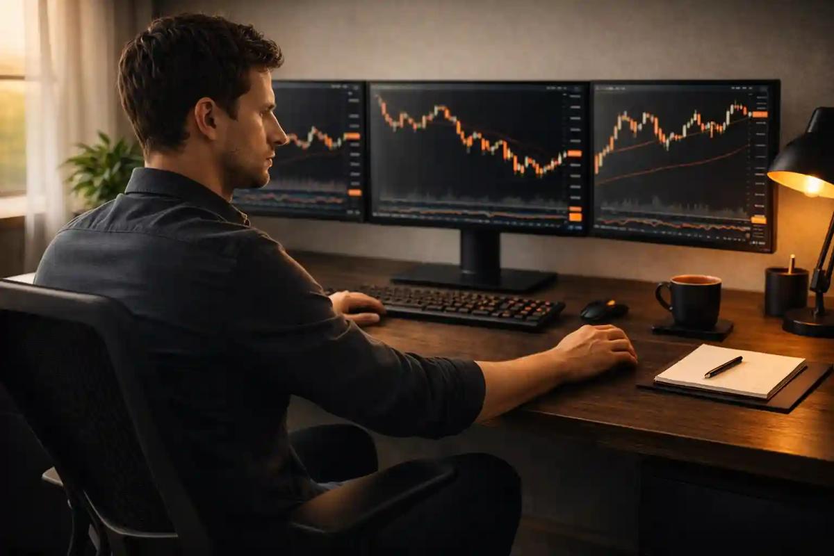 Focused trader at a clean desk with multiple chart monitors in a calm concentrated trading session