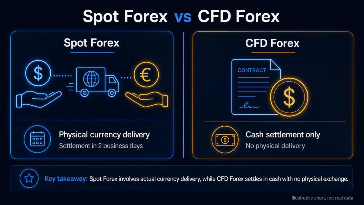 Two-column comparison: spot forex showing physical currency exchange, CFD forex showing derivative contract settlement