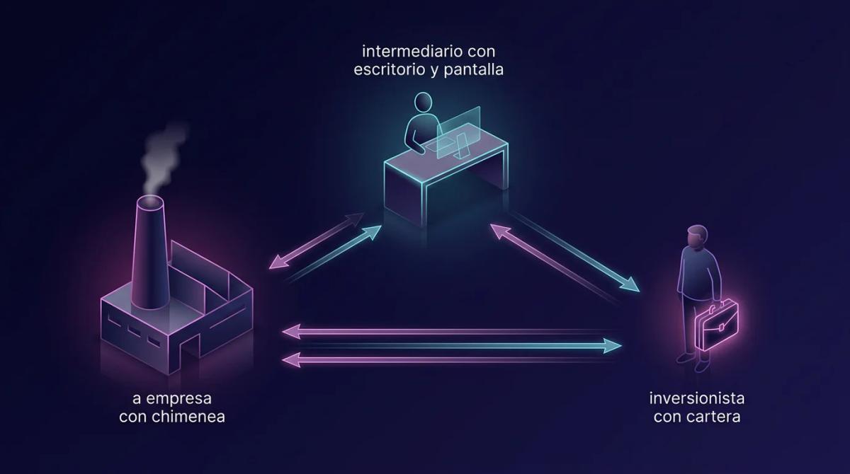 Diagrama de tres actores del mercado de valores: emisor, intermediario e inversionista con flechas de capital y títulos