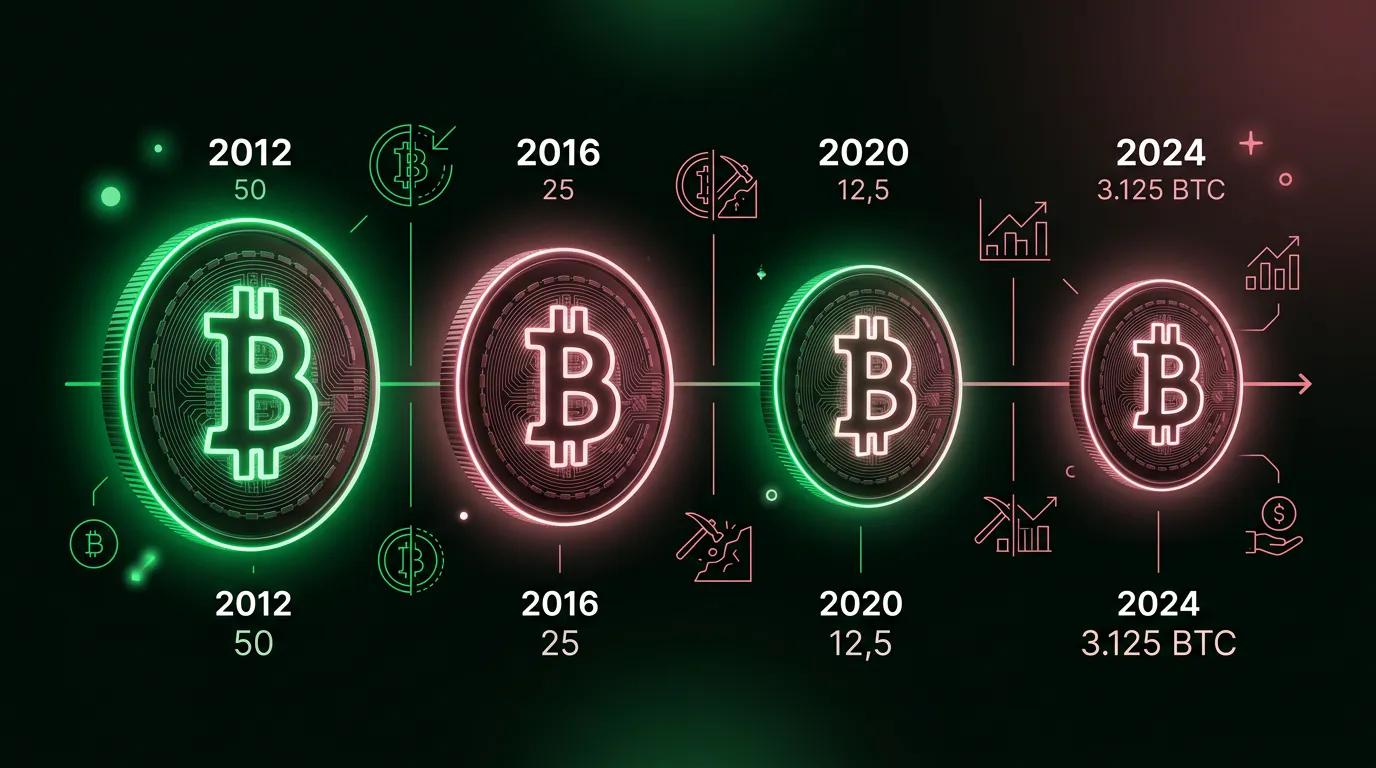 Sequenza di quattro blocchi Bitcoin che si dimezzano progressivamente, con date e ricompense in calo da 50 a 3,125 BTC