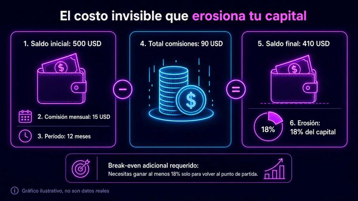 Proyección de erosión de capital: saldo inicial de 500 USD reducido a 410 USD en 12 meses por comisión de 15 USD mensuales