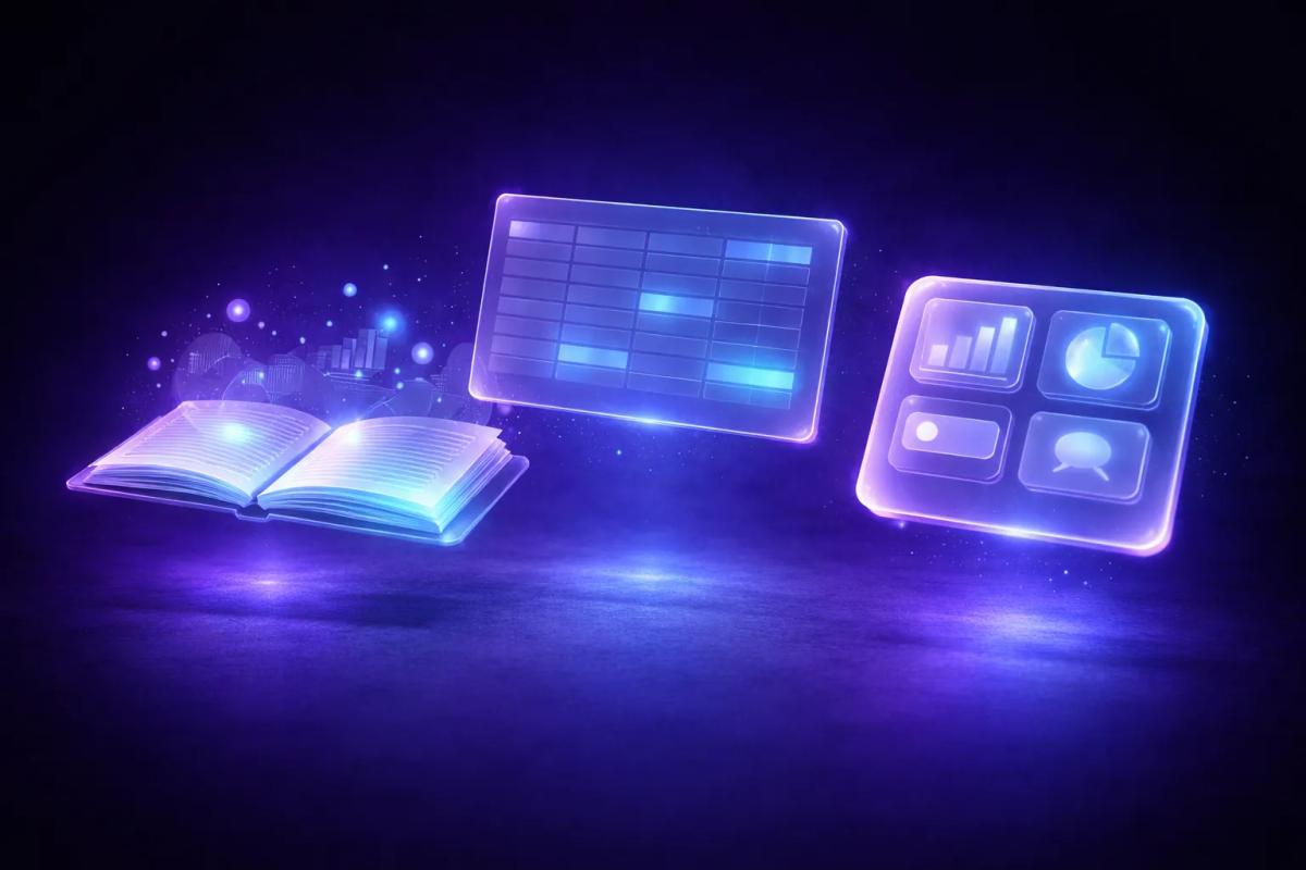 Tres objetos 3D flotantes: libreta cristal, ícono de tabla y elemento de app digital con resplandor púrpura y cian