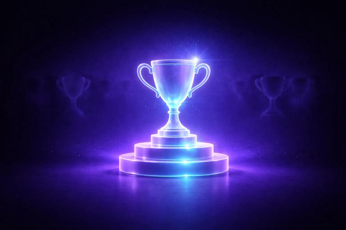 Podio iluminado con trofeo central y siluetas difusas alrededor representando el sesgo del superviviente