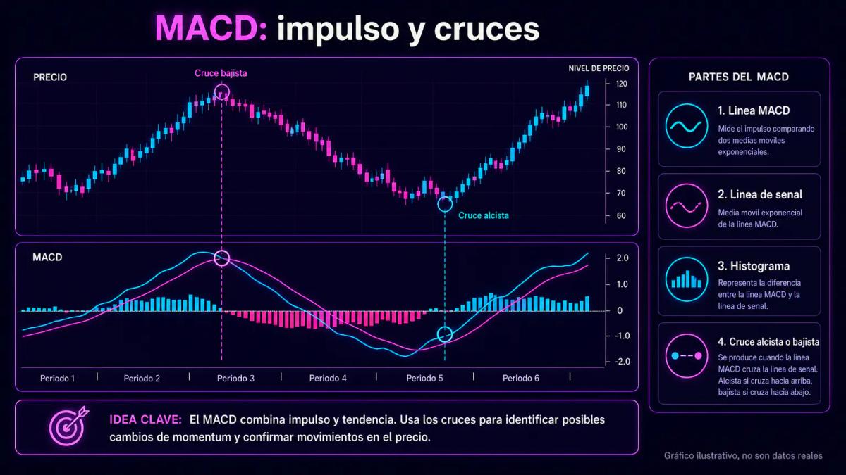 Grafico ilustrativo del MACD con linea, senal, histograma y cruces alcista y bajista marcados