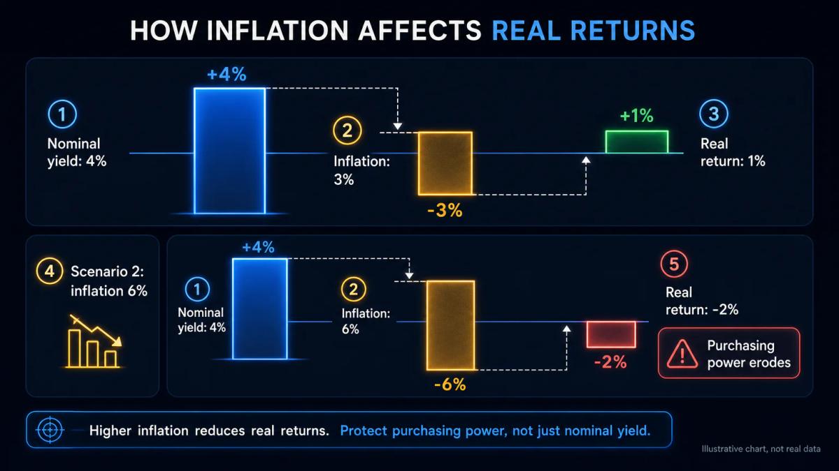 Chart showing nominal yield of 4 percent minus inflation of 3 percent equals real return of 1 percent