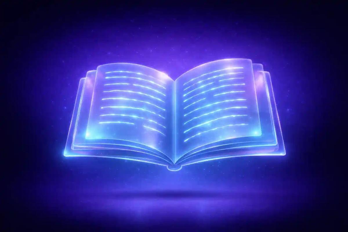 Cuaderno 3D translúcido con páginas de luz, fondo degradado púrpura a azul marino con acento cian