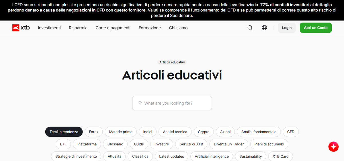 Sezione Formazione XTB in italiano con corsi video e calendario webinar