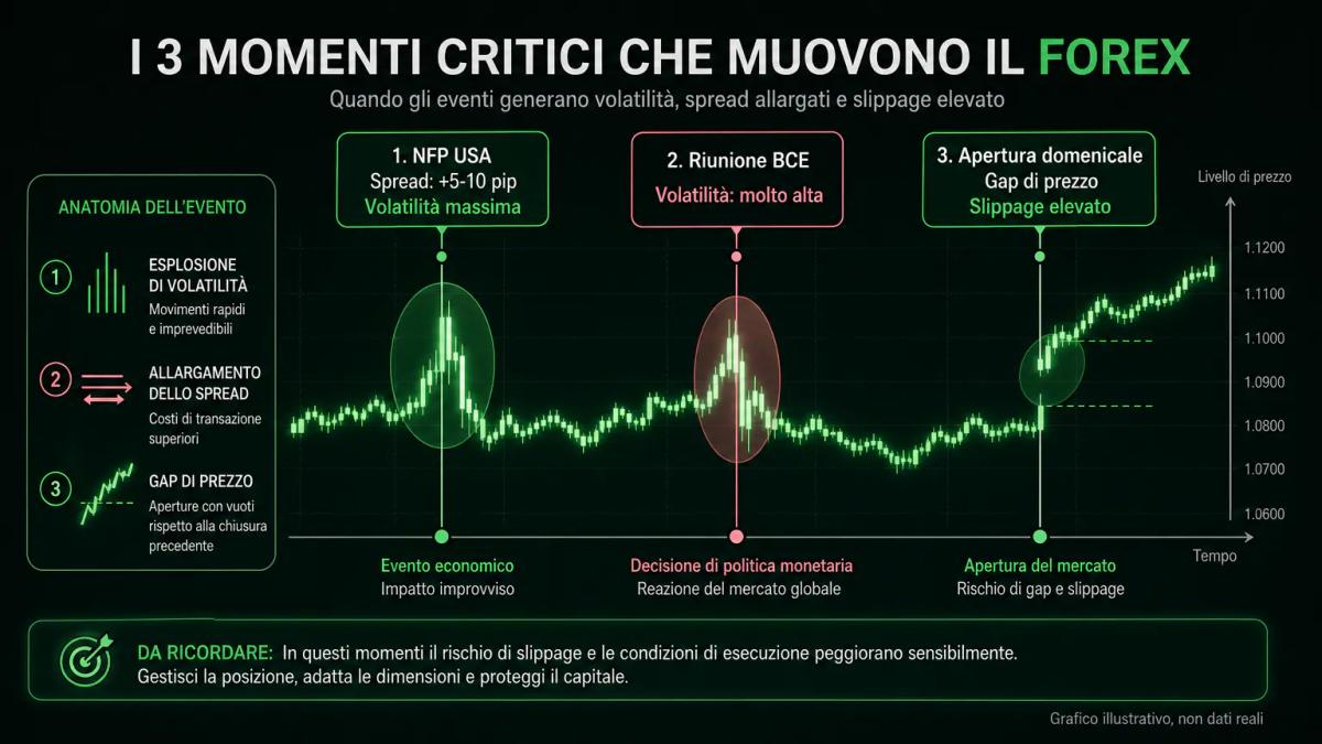 Calendario economico con i momenti critici di slippage: NFP, riunioni BCE, aperture domenicali