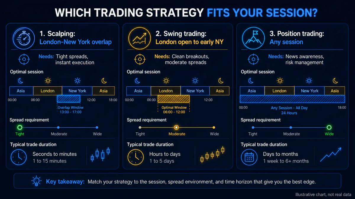 Three strategy boxes showing scalping, swing trading and position trading with their optimal session windows and spread requi