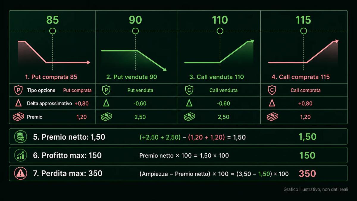 Tabella comparativa con quattro strike, premi incassati, massimo profitto e massima perdita calcolati