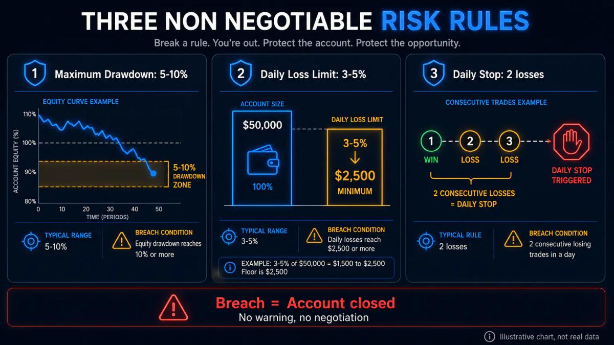 Risk management rules table showing maximum drawdown, daily loss limit, and daily stop with typical ranges and breach trigger