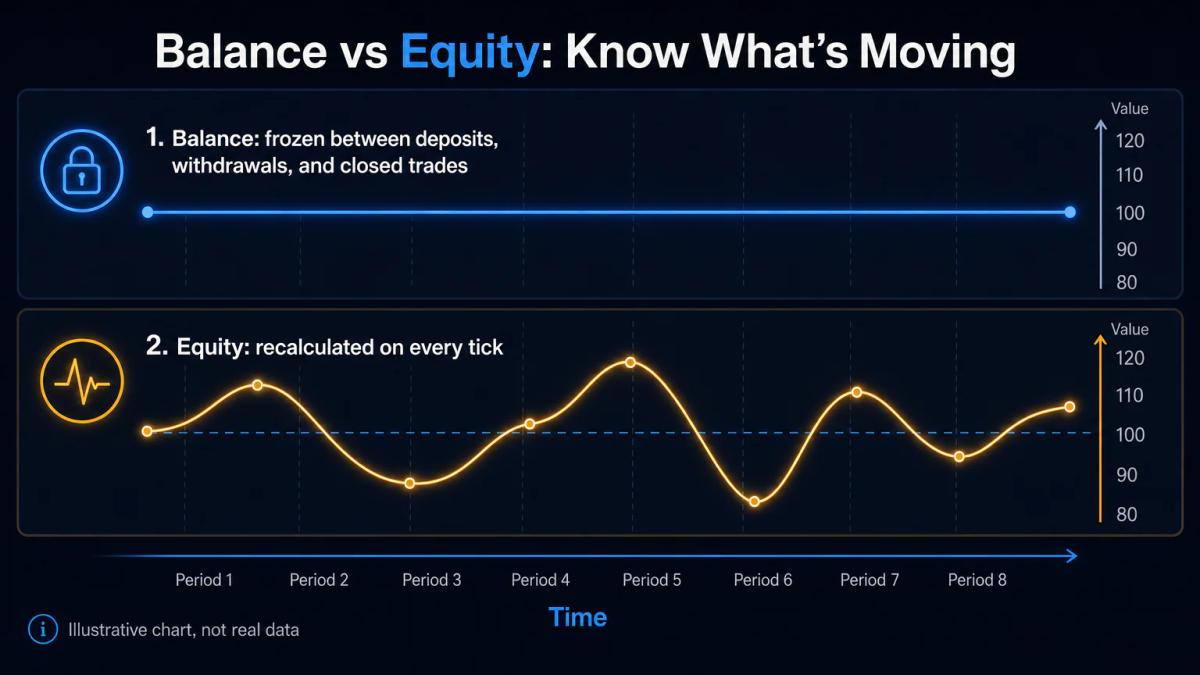 Two parallel timelines: balance line flat and horizontal, equity line oscillating up and down with price ticks