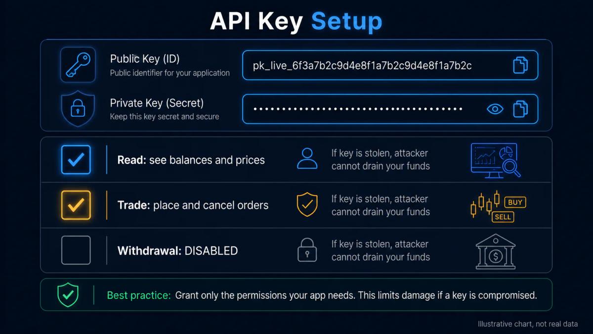 API key configuration screen showing read and trade permissions with withdrawal disabled