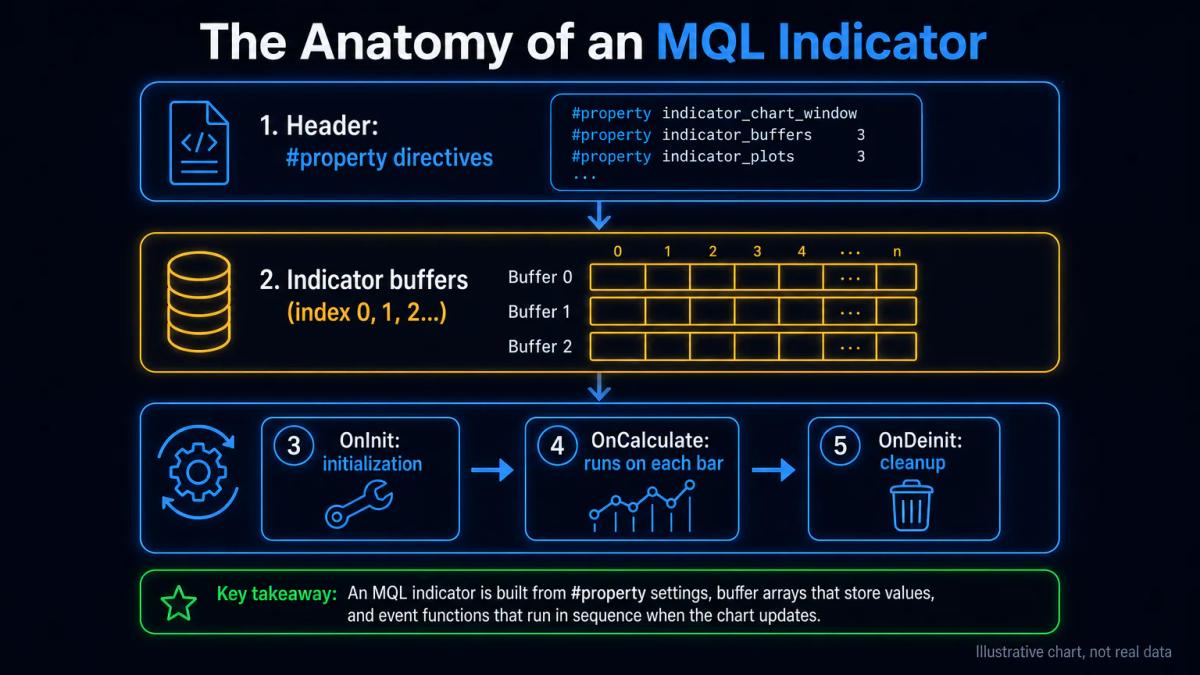 Labeled diagram of MQL indicator structure showing header properties, buffers, and event functions