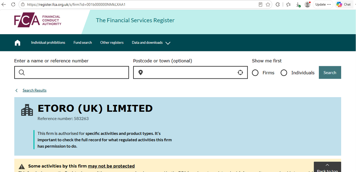 FCA register page showing eToro (UK) Ltd authorised under FRN 583263