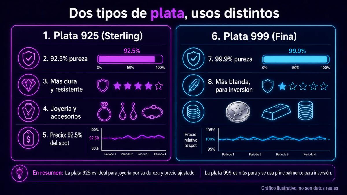 Tabla comparativa de plata 925 versus plata 999 mostrando pureza, dureza y precio relativo